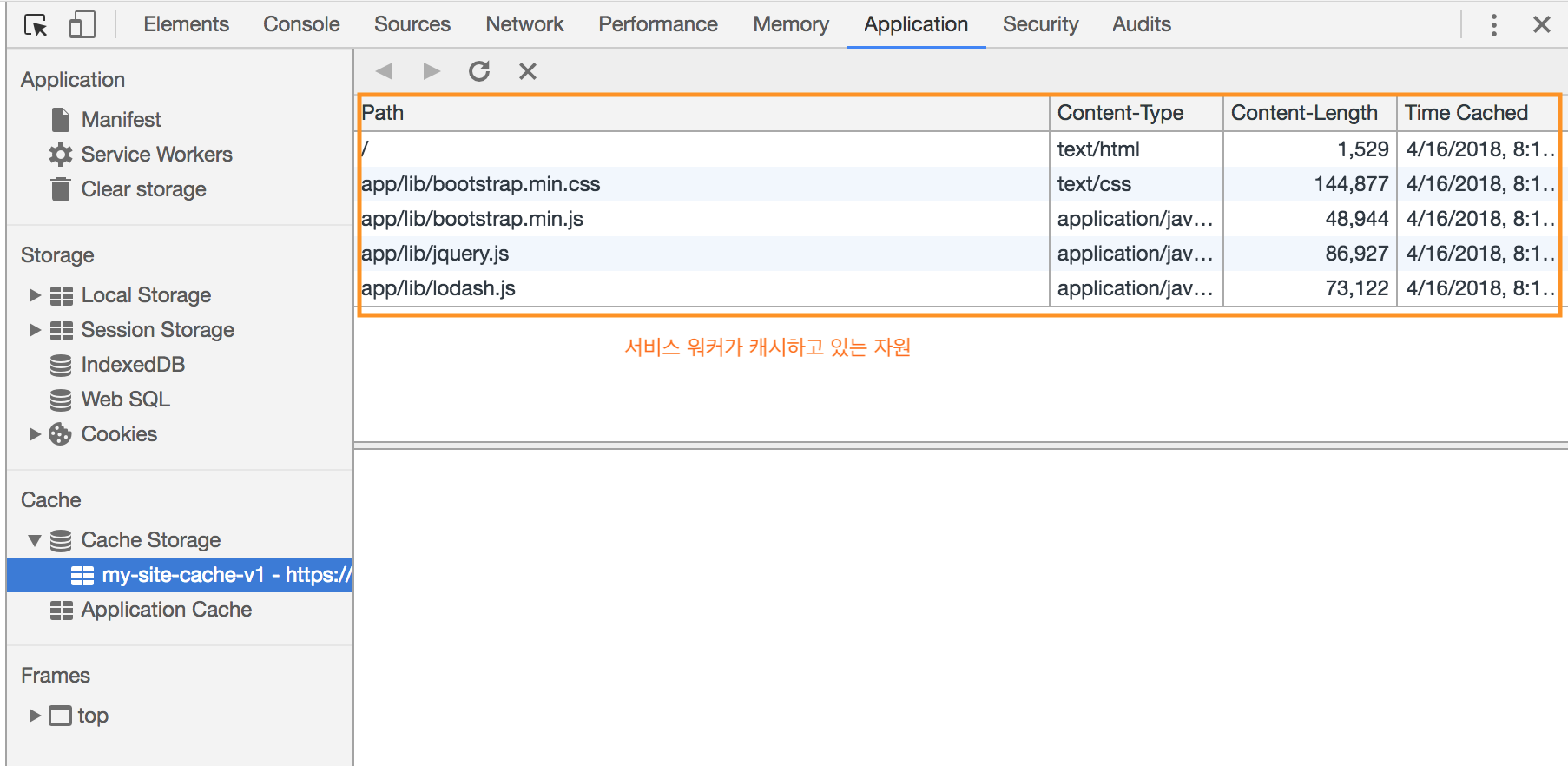 ServiceWorker 캐시 리스트